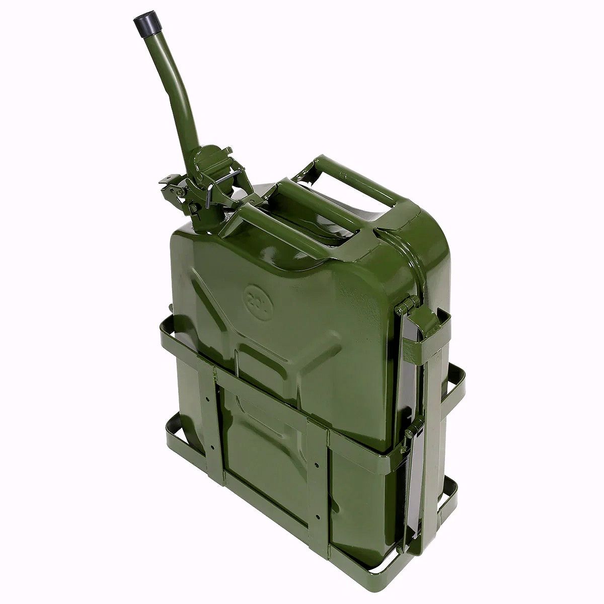 20L (5-Gallon) Steel Jerry Can – Gas & Diesel Fuel Tank with Green Holder and Mount