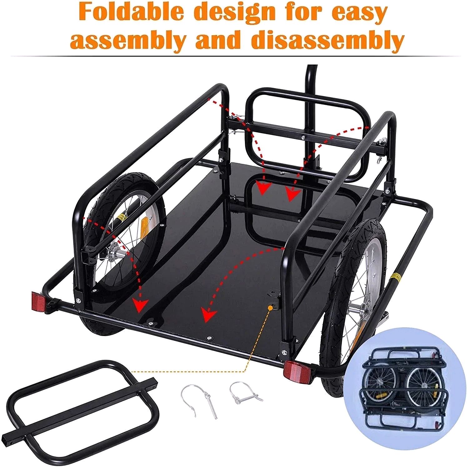 Foldable Bike Cargo Trailer – 80 lb Capacity, 16″ Wheels, Black, with Hitch