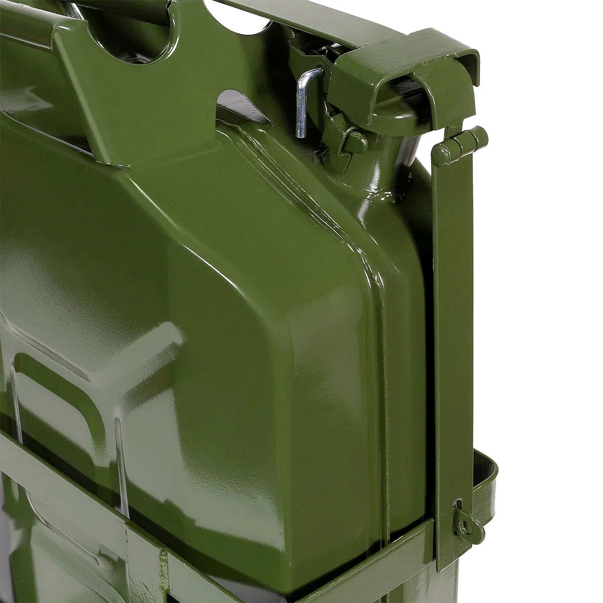20L (5-Gallon) Steel Jerry Can – Gas & Diesel Fuel Tank with Green Holder and Mount
