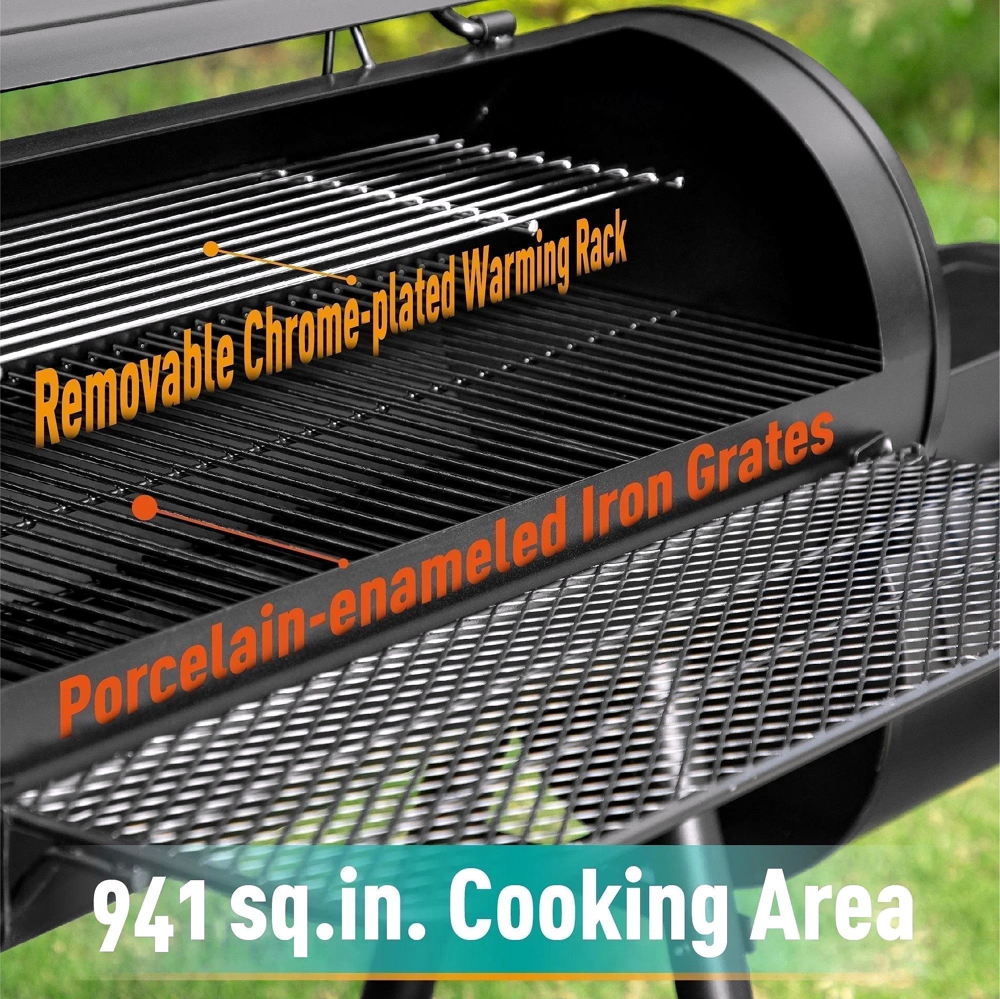 941 Sq.in. Overlarge BBQ Charcoal Grill with Offset Smoker – Black