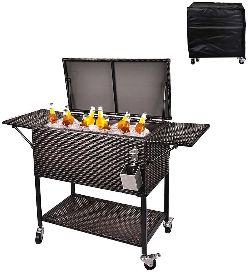 80-Quart Rattan Rolling Cooler Cart – Portable Wicker Beverage Trolley for Outdoor Parties