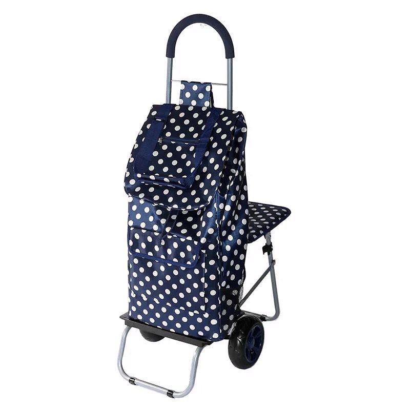Blue Polka Dot Foldable Shopping Cart with Seat – Heavy-Duty Wheels & Multi-Compartment Bag