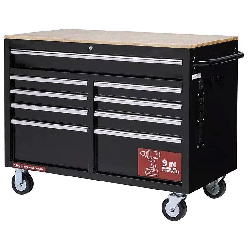 46-Inch 9-Drawer Mobile Tool Chest & Workbench – Gloss Black, Extra-Deep Storage