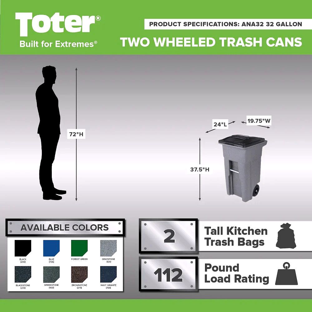 32-Gallon Greenstone Trash Can – Quiet Wheels, Attached Lid, Heavy-Duty Recycling Bin