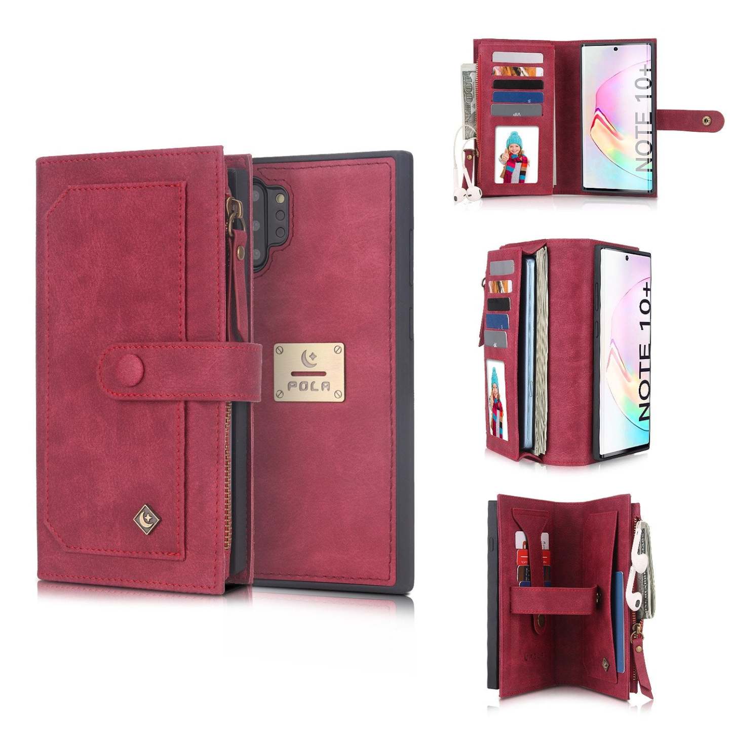 POLA Samsung Wallet Case , Leather Zipper Purse Detachable Magnetic 10 Card Slots Money Pocket Clutch Protection Back Cases Cover